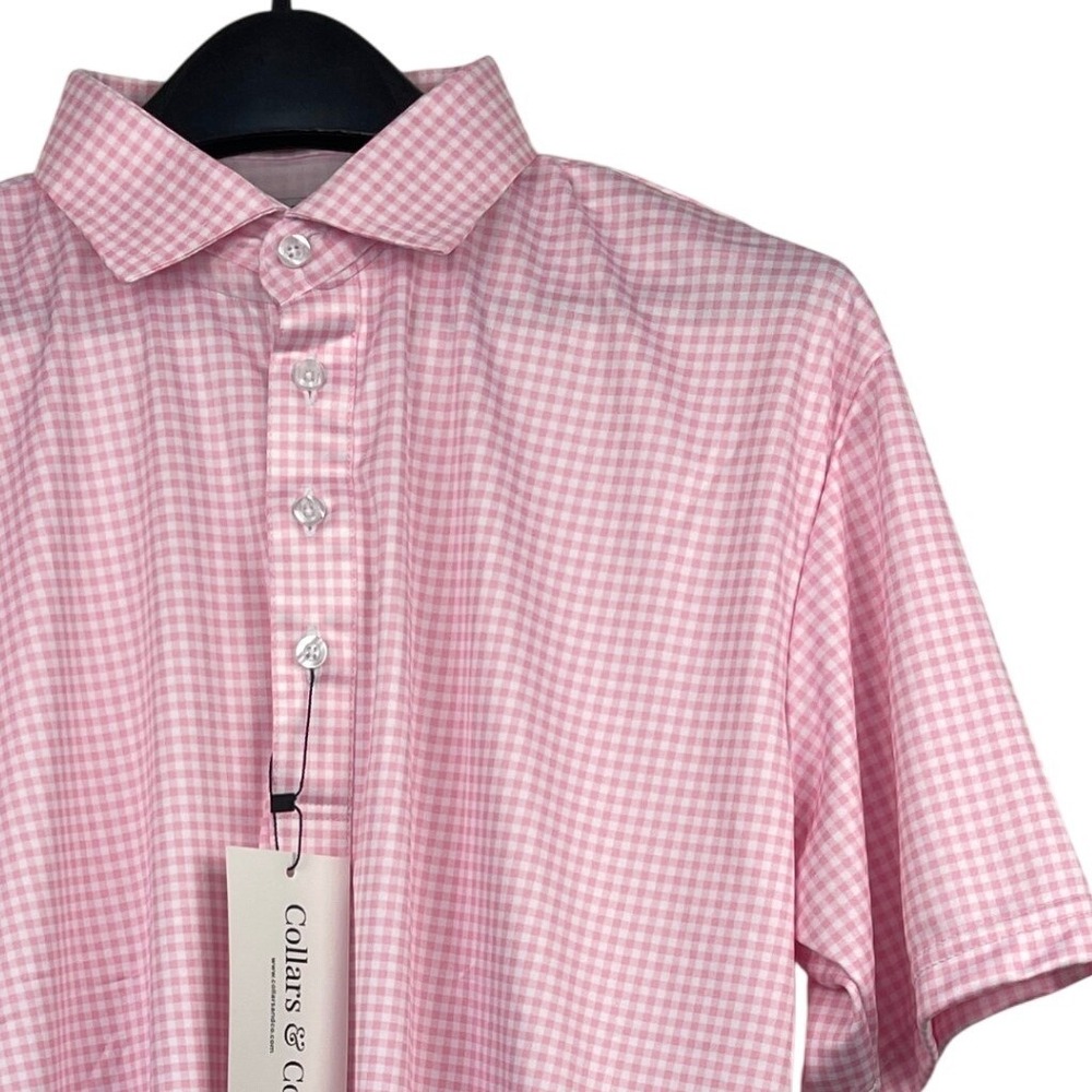 NEW Collars & Co Dress Collar Polo Mens L Performance Pink White Gingham $82